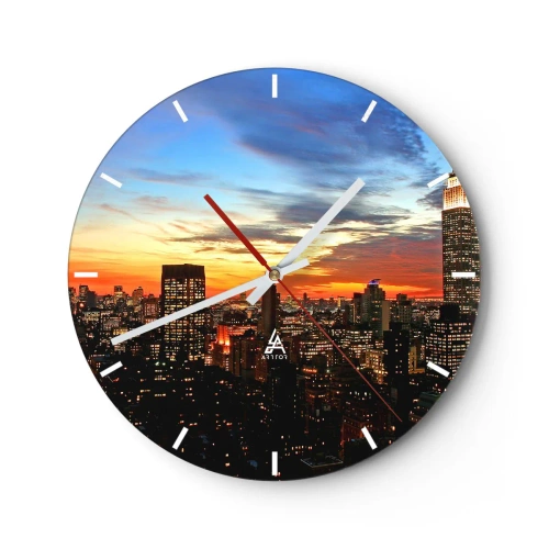 Ceas de perete - Ceas pe sticlă - Panoramă a orașului la apus cu cer senin - 30x30cm - O noapte americană luminoasă - Decorațiune modernă pentru perete pentru living, bucătărie și dormitor ARTTOR