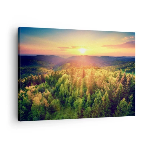 Tablou pe pânză Canvas - Peisaj forestier cu apus de soare peste dealuri - 70x50cm - Vârfuri și culmi - Decorațiune modernă pentru perete pentru living și dormitor ARTTOR