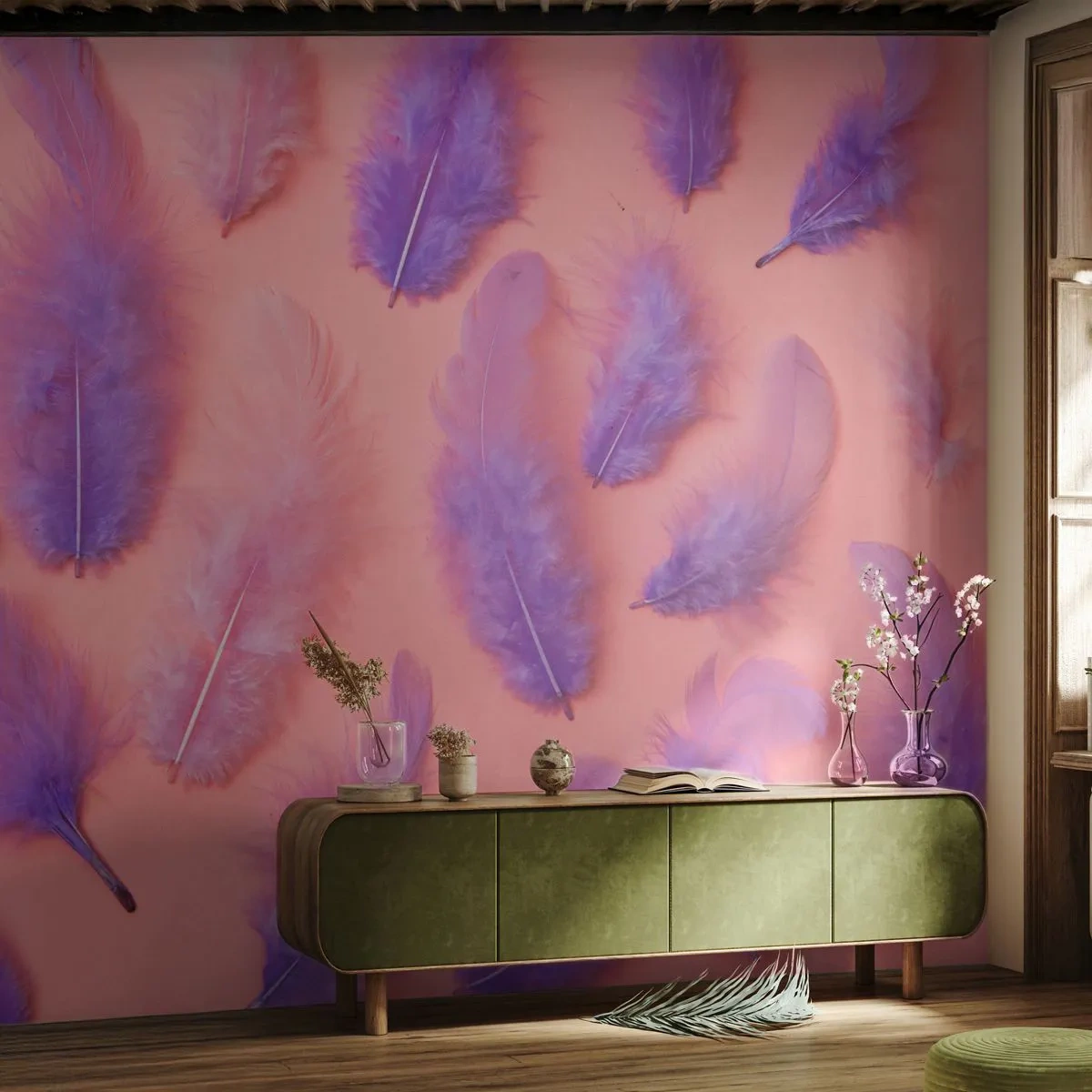 Tapet Premium Canvas - Pasăre liliac de dorință - Pene de pasăre, Inspirație, Grafică - 350x256 cm