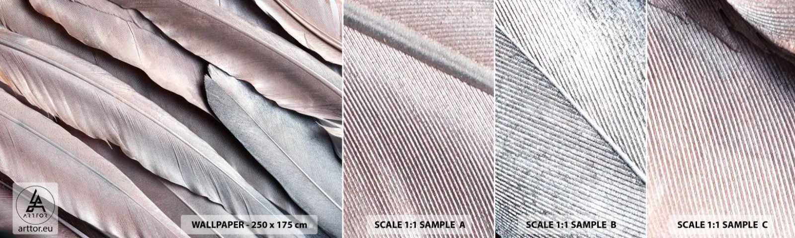 Mostră tapet autocolant Deluxe Sticker - Argintul roz - Pană de pasăre, Grafică, Boho - 100x30 cm