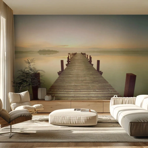 Tapet Premium Sand - Înainte de răsărit, zori, lumină - Peisaj, Lac, Pod de lemn - 100x70 cm