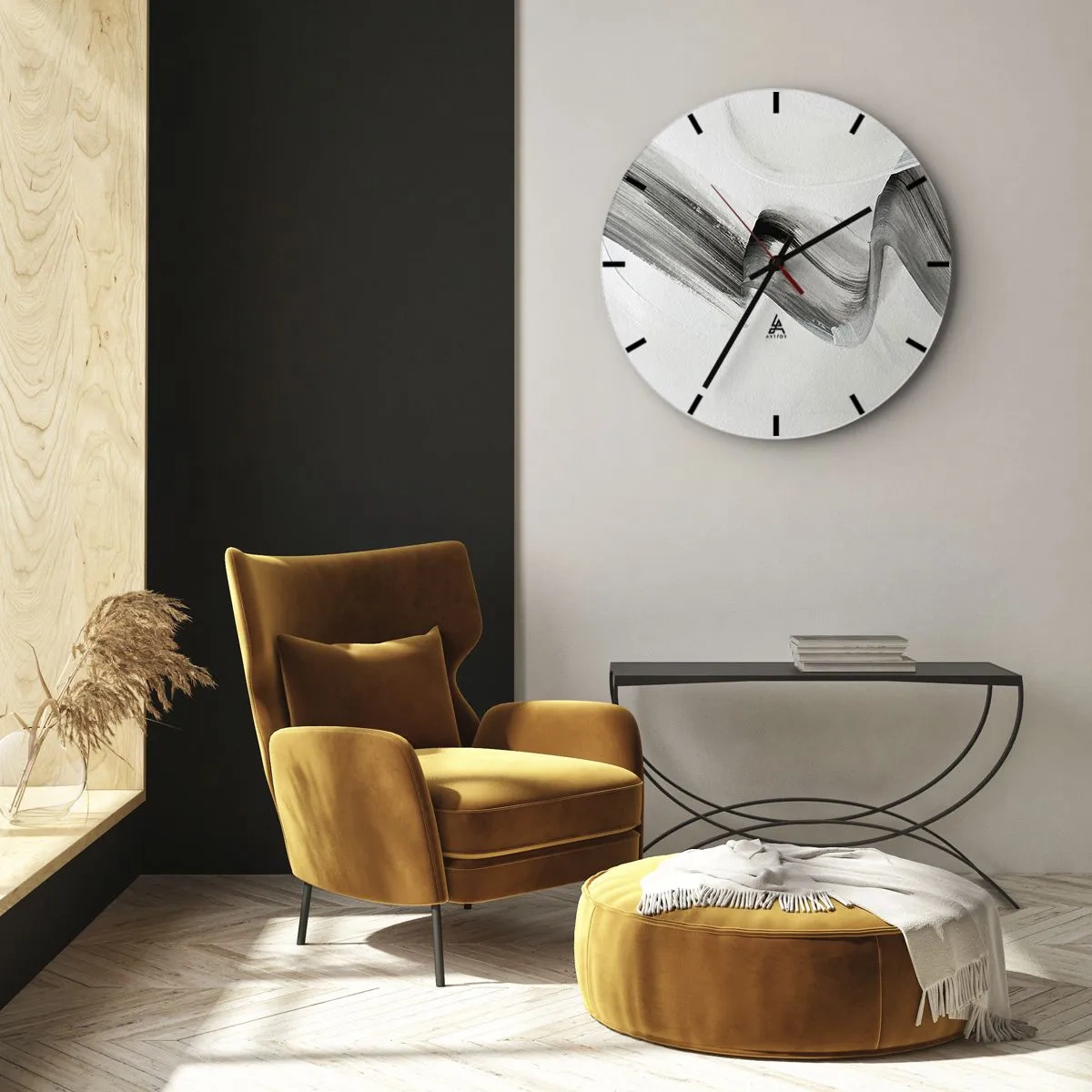 Ceas de perete - Ceas pe sticlă - Tușă de pensulă abstractă gri pe un fundal deschis - 30x30cm - Doar pentru distracție - Decorațiune modernă pentru perete pentru living, bucătărie și dormitor ARTTOR