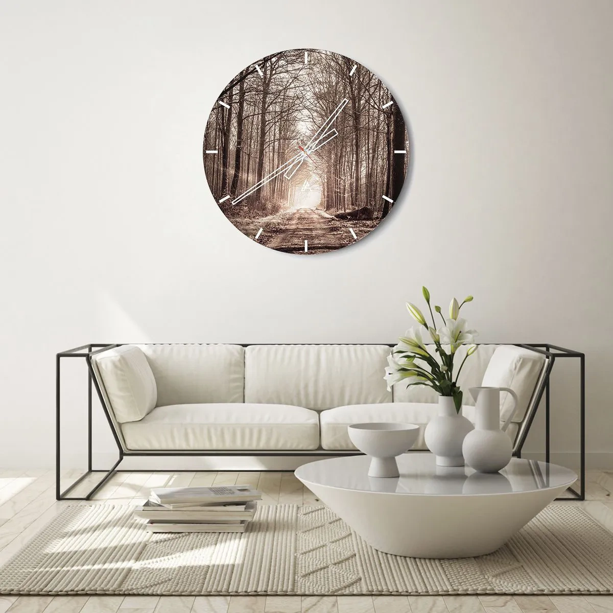 Ceas de perete - Ceas pe sticlă - O alee de copaci într-un peisaj de toamnă cu o perspectivă asupra adâncurilor - 30x30cm - Catedrala Forestieră - Decorațiune modernă pentru perete pentru living, bucătărie și dormitor ARTTOR