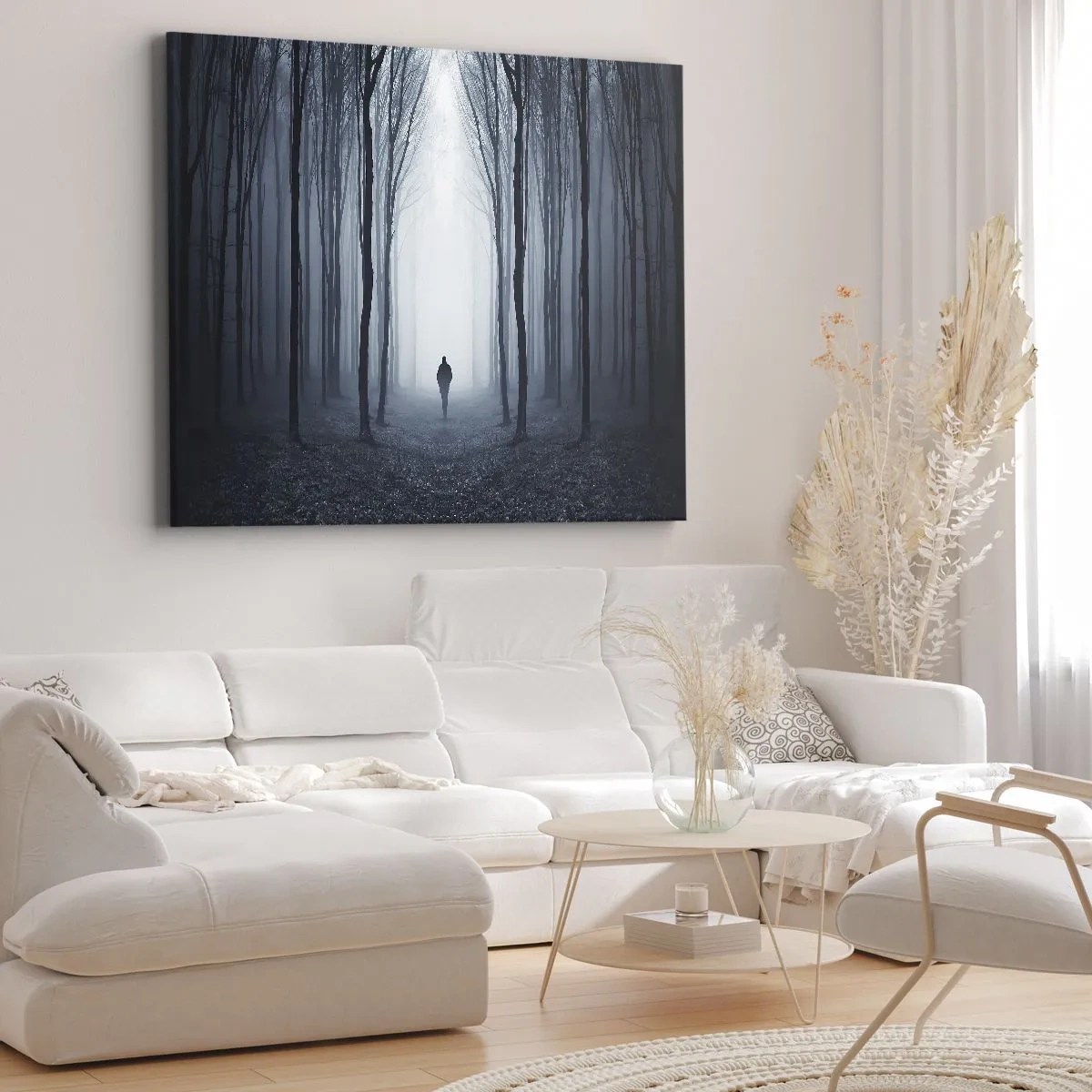 Tablou pe pânză Canvas - O figură mergând printre copaci într-o pădure învăluită în ceață - 70x50cm - Și totul este simplu și clar - Decorațiune modernă pentru perete pentru living și dormitor ARTTOR