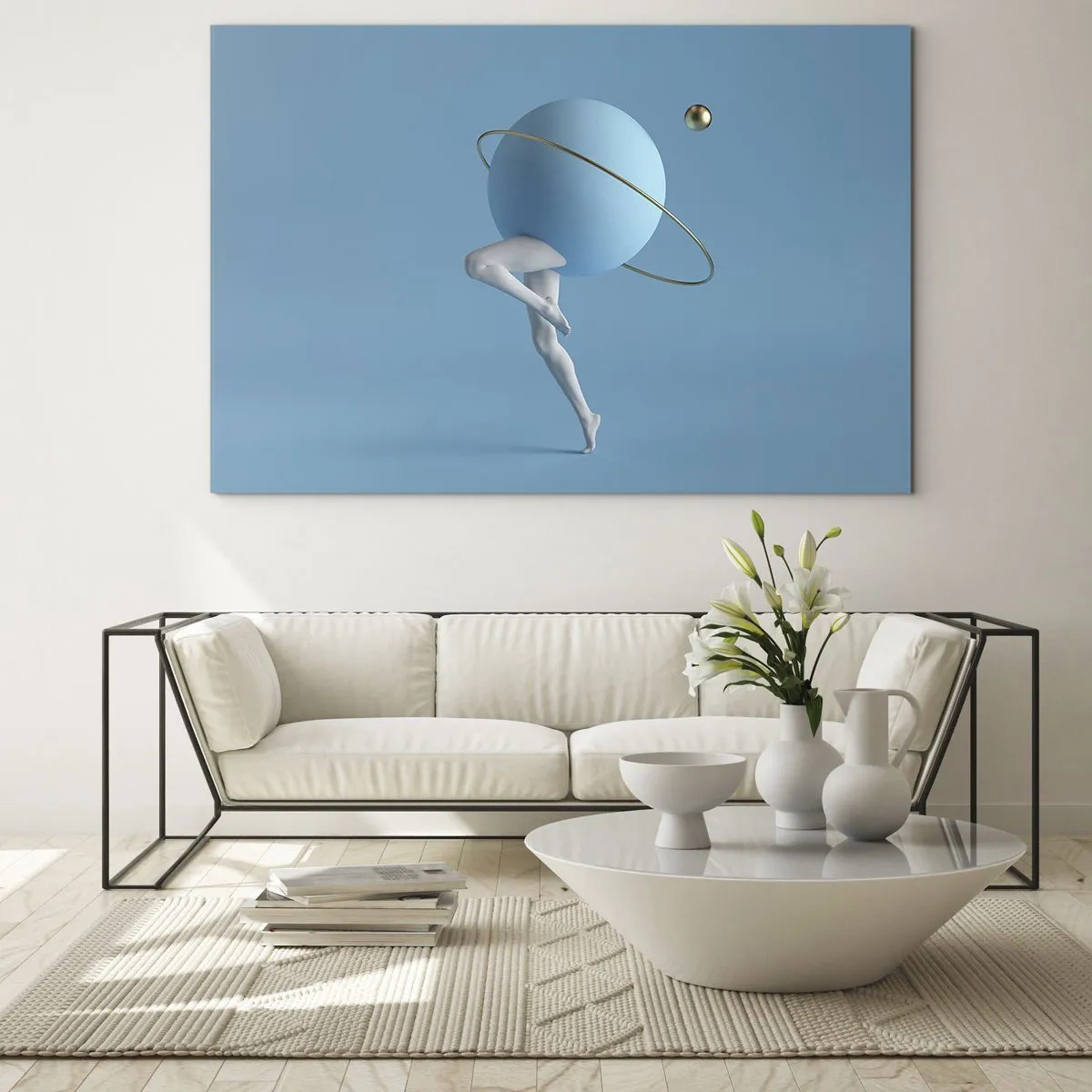 Tablou pe sticlă - O compoziție minimalistă a unei planete cu picioare umane pe albastru. - 70x50cm - Și planetele o iau razna - Decorațiune modernă pentru perete pentru living și dormitor ARTTOR