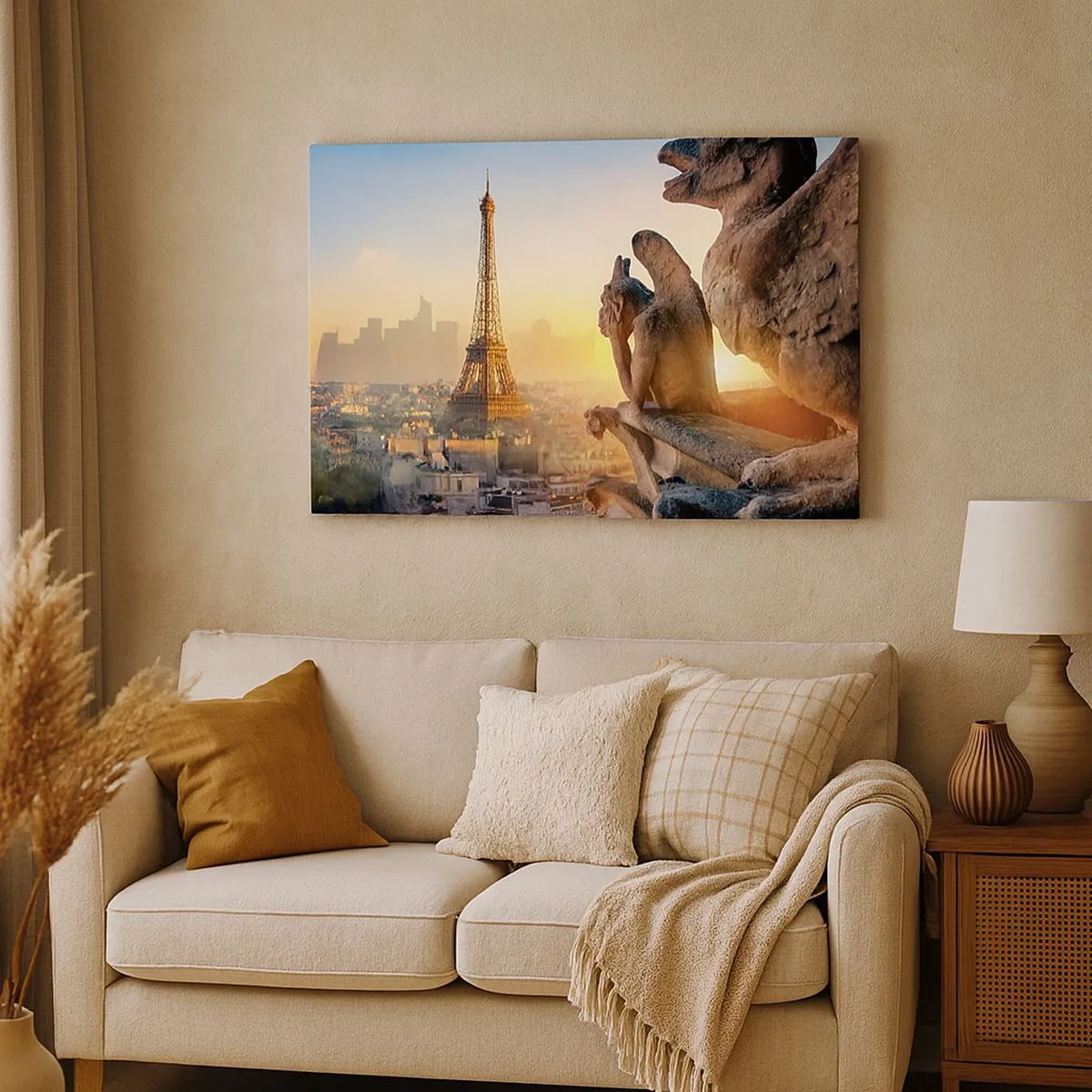 Tablou pe pânză Canvas - Vedere a Turnului Eiffel cu garguie în fundal - 70x50cm - S-au schimbat multe... - Decorațiune modernă pentru perete pentru living și dormitor ARTTOR