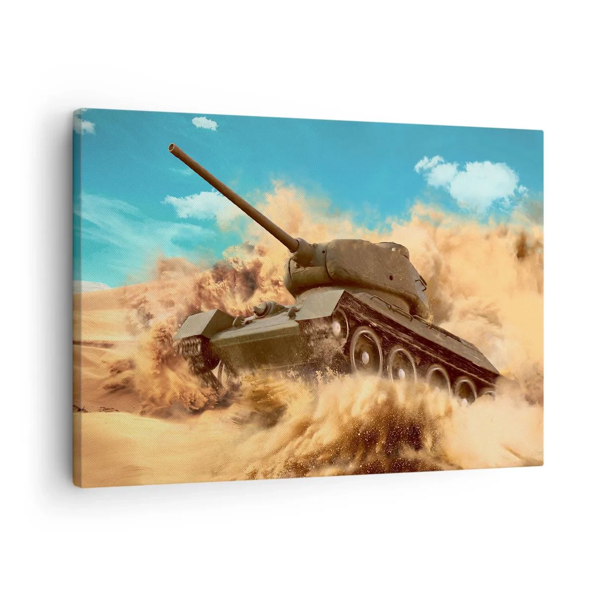 Tablou pe pânză Canvas - Un tanc în acțiune în deșert, înconjurat de praf de nisip. - 70x50cm - De neînvins - Decorațiune modernă pentru perete pentru living și dormitor ARTTOR