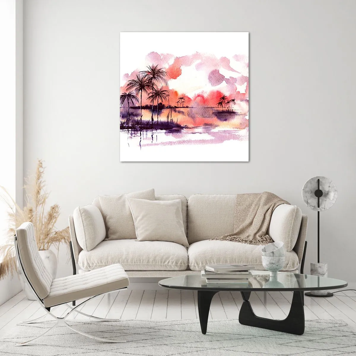 Tablou pe sticlă - Liniștea tropicelor în roșu - 40x40 cm