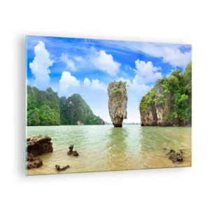 Tablou pe sticlă - O stâncă în apă înconjurată de insule tropicale - 70x50cm - Minuni naturale stâncoase - Decorațiune modernă pentru perete pentru living și dormitor ARTTOR