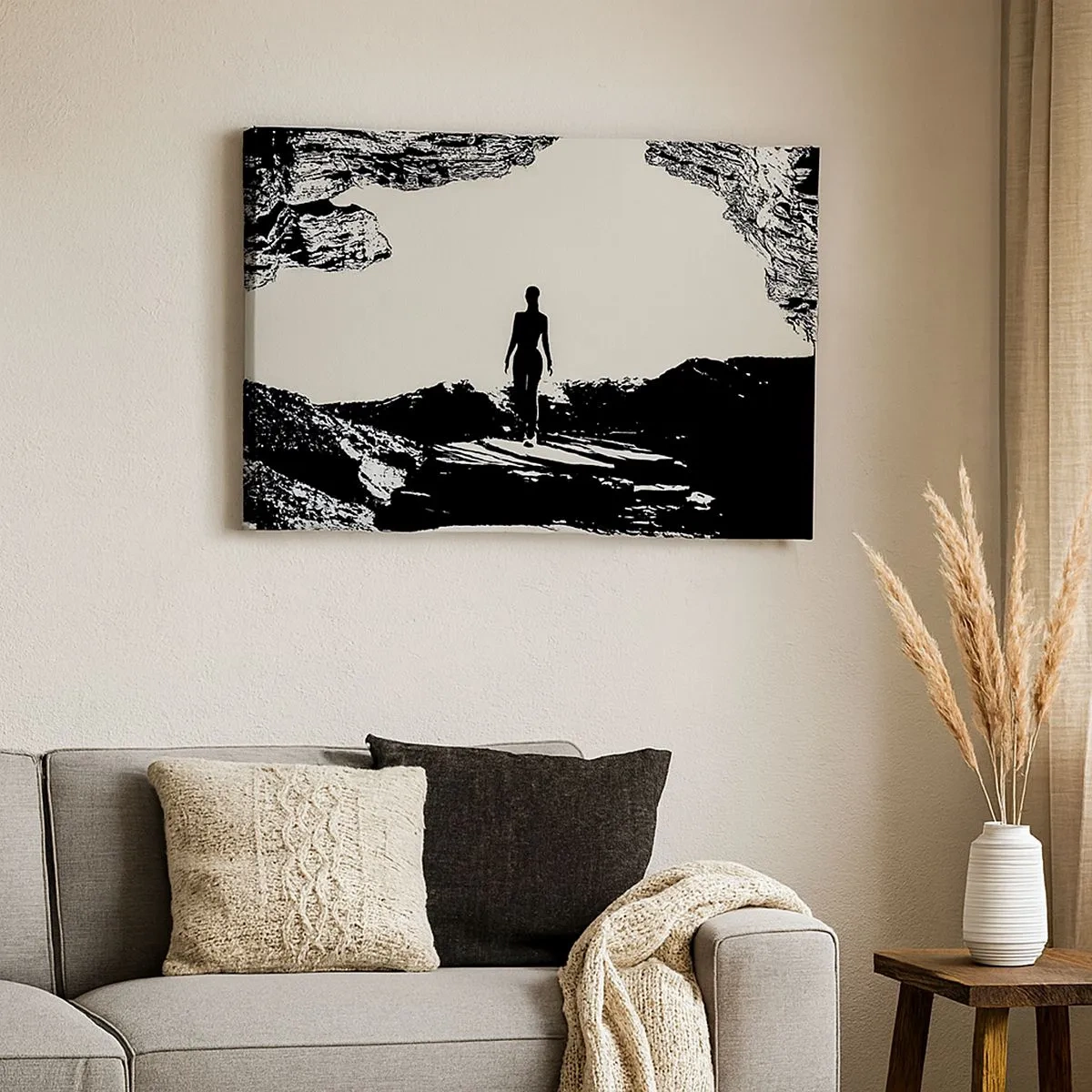 Tablou pe pânză Canvas - Siluetă alb-negru a unei femei într-o peșteră pe fundalul cerului - 70x50cm - O nouă înfățișare - Decorațiune modernă pentru perete pentru living și dormitor ARTTOR
