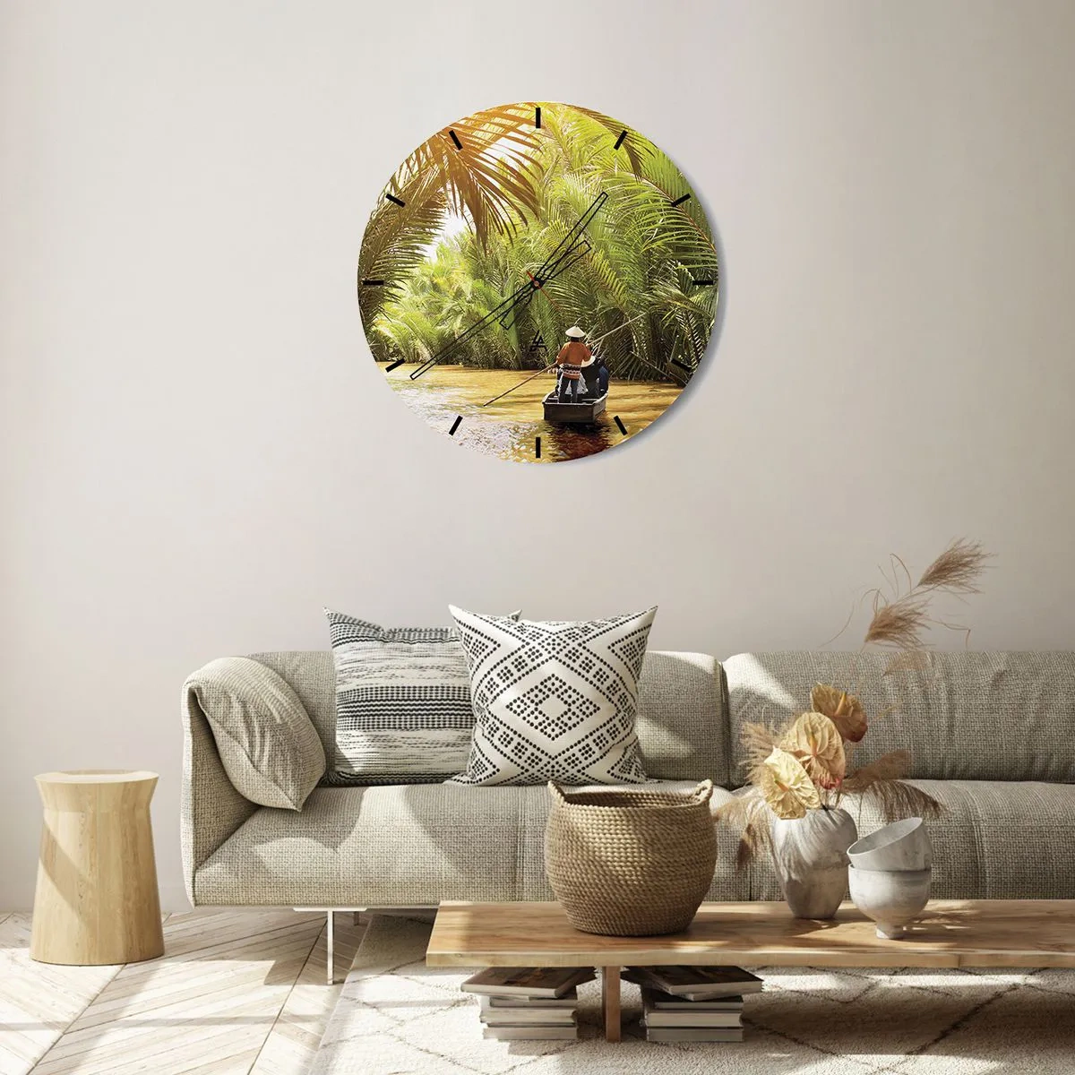 Ceas de perete - Ceas pe sticlă - Oameni pe o barcă care navighează printr-o pădure densă de palmieri - 30x30cm - Prin cheile din palmieri - Decorațiune modernă pentru perete pentru living, bucătărie și dormitor ARTTOR