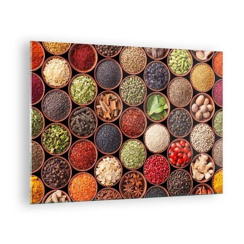 Tablou pe sticlă - O compoziție de diverse condimente în boluri de lemn - 70x50cm - Toate gusturile lumii - Decorațiune modernă pentru perete pentru living și dormitor ARTTOR