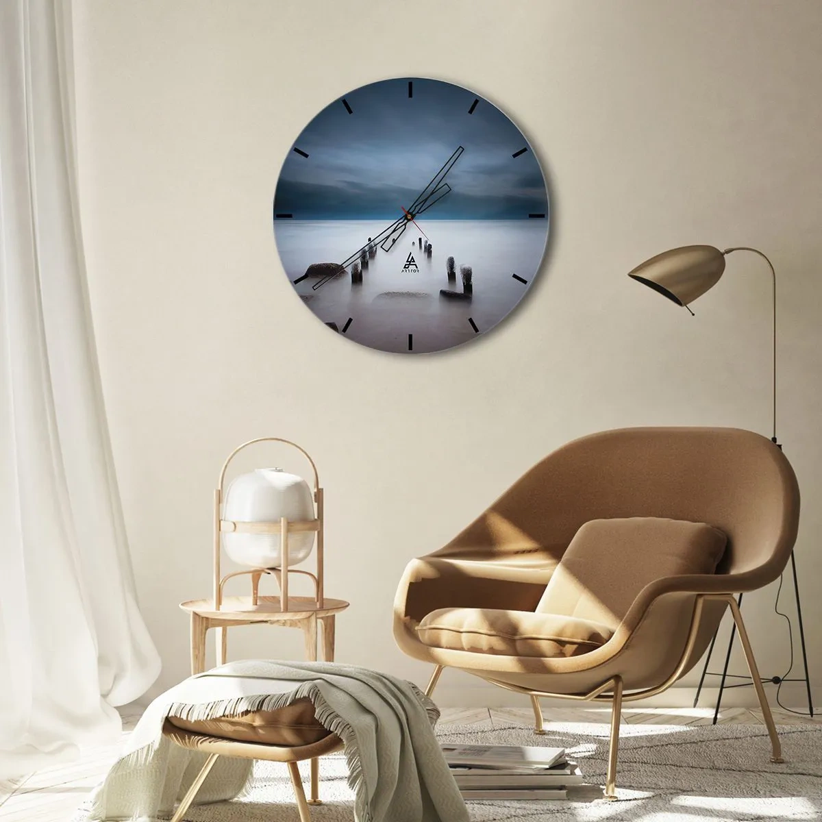 Ceas de perete - Ceas pe sticlă - Peisaj alb-negru cu un copac singuratic - 30x30cm - Un lac în ceața calmă - Decorațiune modernă pentru perete pentru living, bucătărie și dormitor ARTTOR