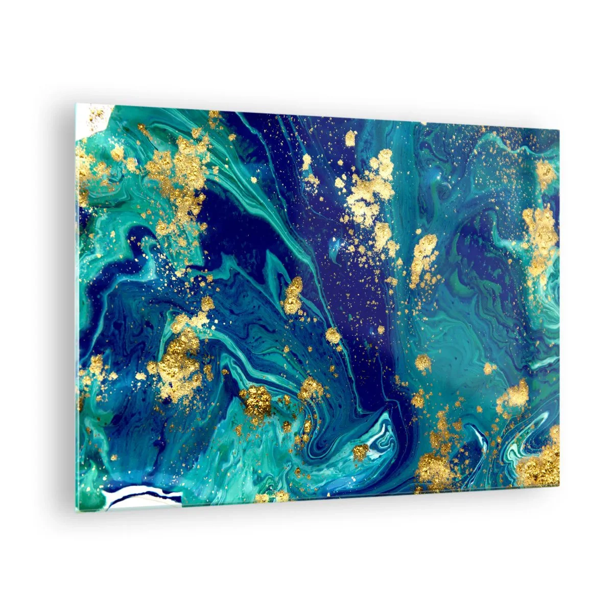 Tablou pe sticlă - Un model abstract în nuanțe de turcoaz și bleumarin cu accente aurii - 70x50cm - Petale de soare - Decorațiune modernă pentru perete pentru living și dormitor ARTTOR