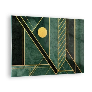 Tablou pe sticlă - Abstracție geometrică verde și aurie în stil Art Deco - 70x50cm - Dinamica aurului și a azurului - Decorațiune modernă pentru perete pentru living și dormitor ARTTOR