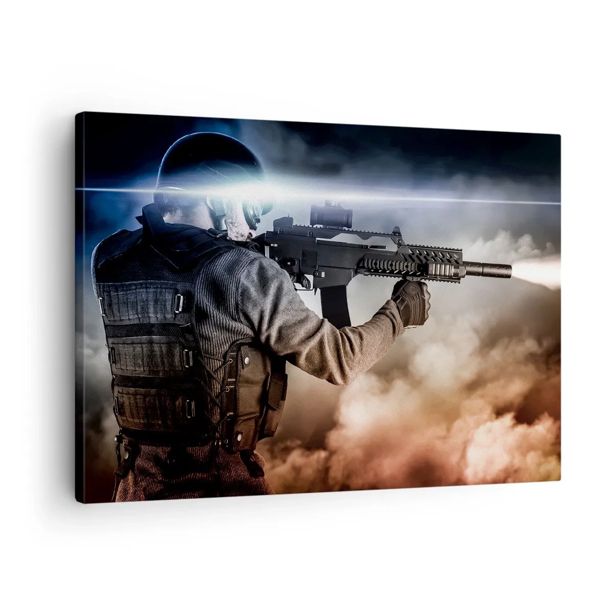 Tablou pe pânză Canvas - Un soldat în acțiune cu o pușcă pe un fundal de nori și lumină. - 70x50cm - Pur și simplu un erou - Decorațiune modernă pentru perete pentru living și dormitor ARTTOR