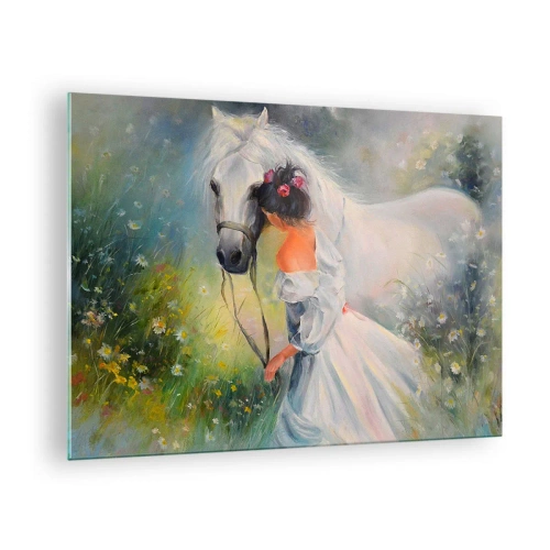 Tablou pe sticlă - O femeie într-o rochie albă cu un cal alb într-o pajiște plină de flori. - 70x50cm - Ca dintr-un vis frumos - Decorațiune modernă pentru perete pentru living și dormitor ARTTOR