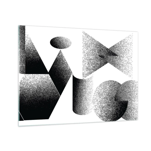 Tablou pe sticlă - Abstracție alb-negru cu forme geometrice - 70x50cm - Unghiuri și ovale - Decorațiune modernă pentru perete pentru living și dormitor ARTTOR
