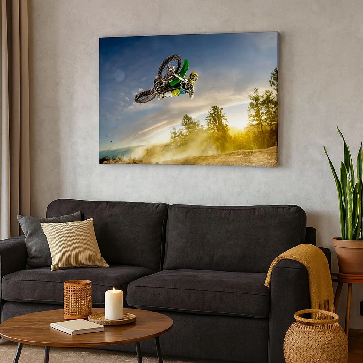 Tablou pe pânză Canvas - Motociclist într-un salt dinamic - 70x50cm - Porniți emoțiile! - Decorațiune modernă pentru perete pentru living și dormitor ARTTOR