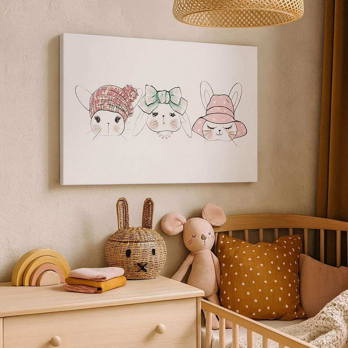 Tablou pe pânză Canvas - Iepurași adorabili în pălării pastelate - 70x50cm - Gânditoare, tristă, mulțumită - Decorațiune modernă pentru perete pentru living și dormitor ARTTOR