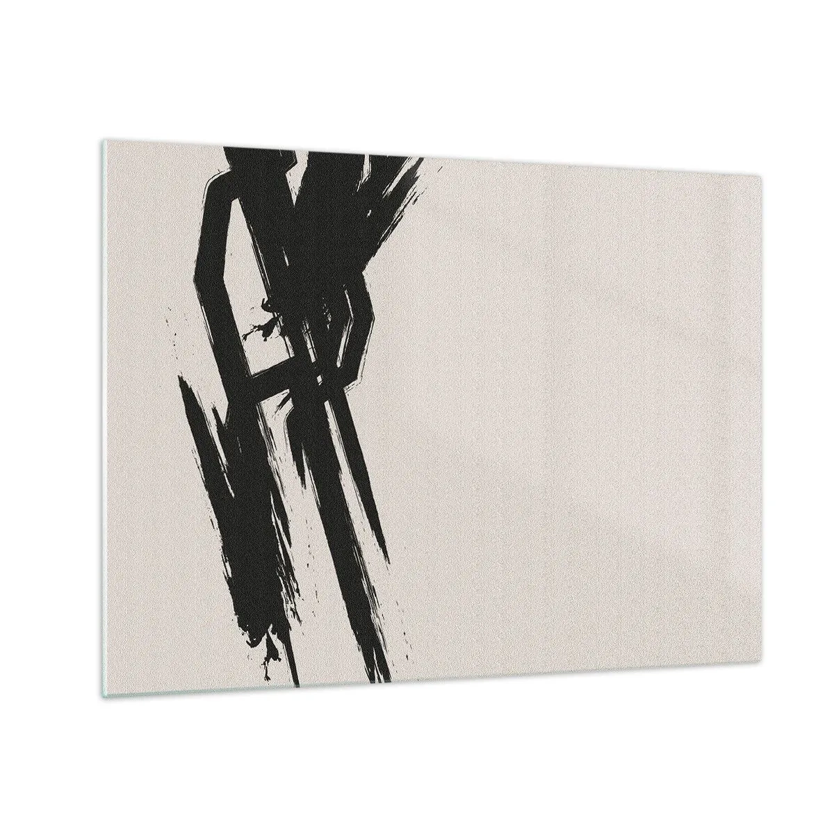 Tablou pe sticlă - O tușă dinamică de pensulă neagră pe un fundal deschis - 70x50cm - Un impuls de neoprit - Decorațiune modernă pentru perete pentru living și dormitor ARTTOR