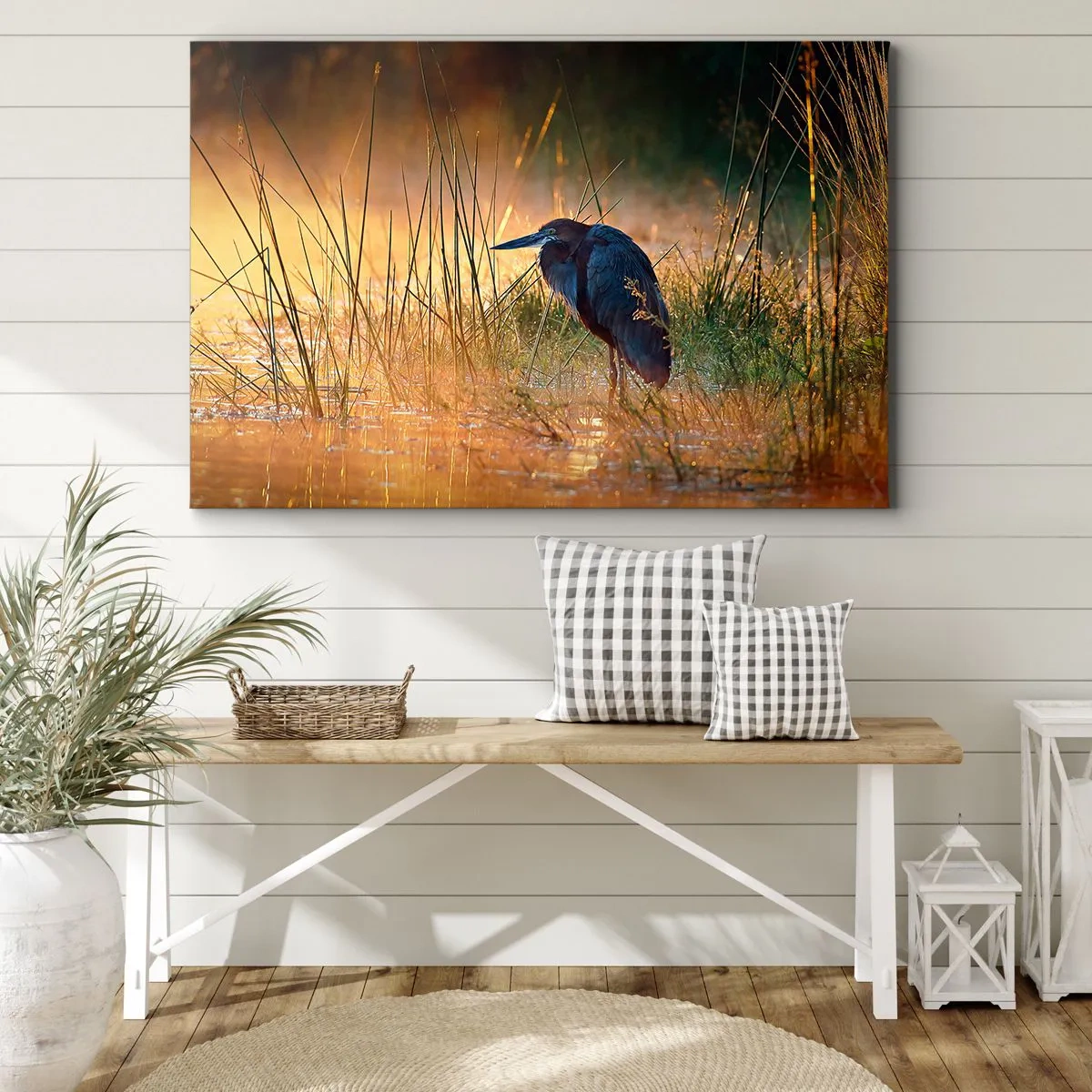 Tablou pe pânză Canvas - O stârc în zonele umede la apus, printre ierburi înalte - 70x50cm - Lasă-mă în pace cu aceste fotografii - Decorațiune modernă pentru perete pentru living și dormitor ARTTOR