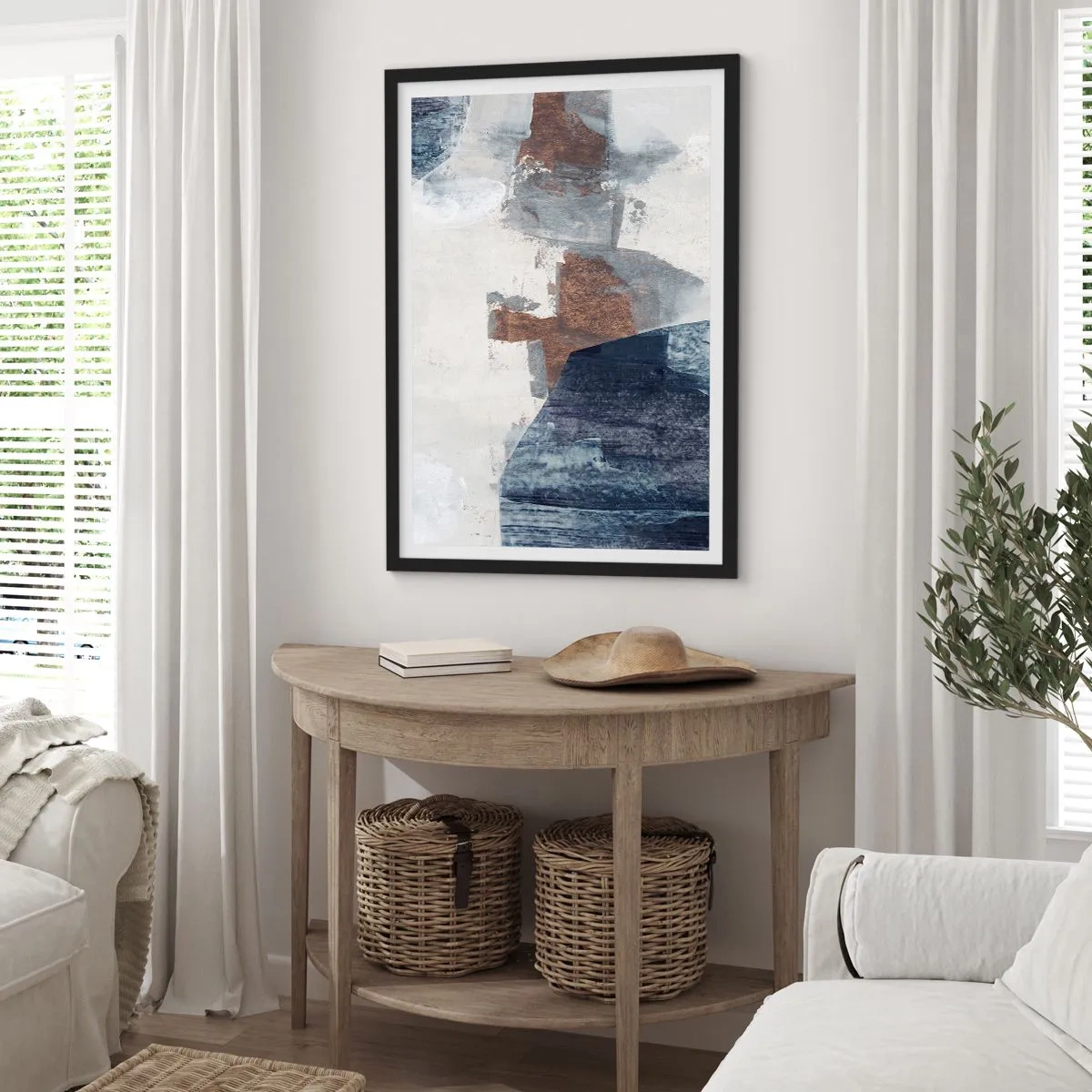 Poster în ramă neagră - Abstracție modernă în nuanțe de maro și albastru marin - 50x70cm - Forme albastre-maronii - Decorațiune modernă pentru perete pentru living și dormitor ARTTOR