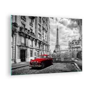Tablou pe sticlă - Mașină roșie în fața Turnului Eiffel în Parisul alb-negru - 70x50cm - Prădător în oraș - Decorațiune modernă pentru perete pentru living și dormitor ARTTOR