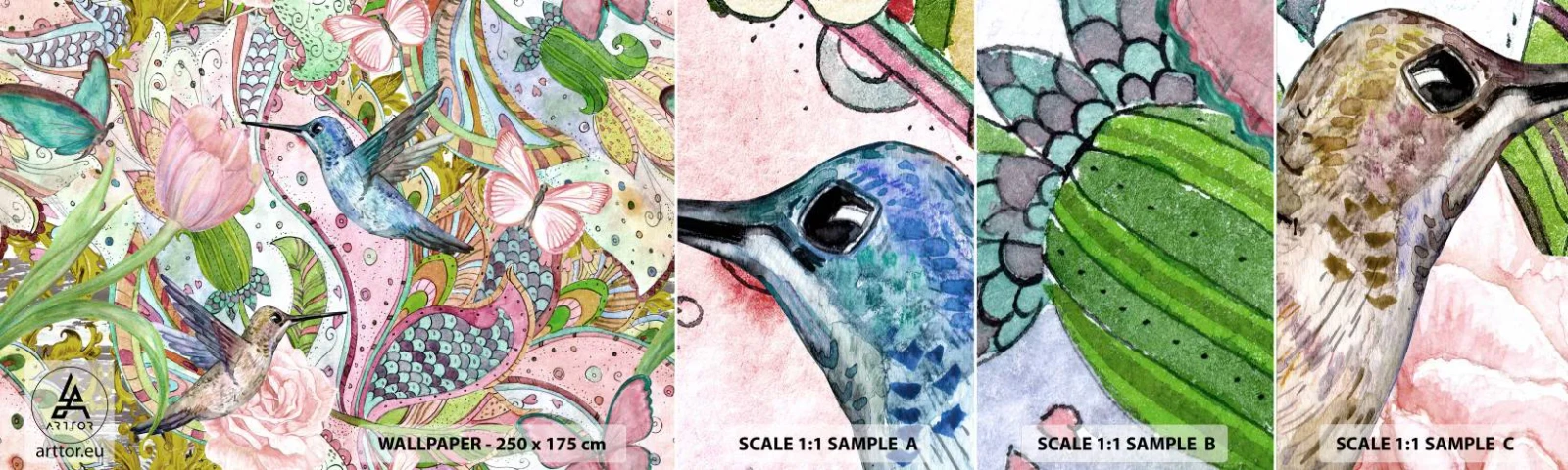 Mostră tapet autocolant Deluxe Sticker - Încurcat în viță de vie - Flori, Pasăre, Fluture - 100x30 cm