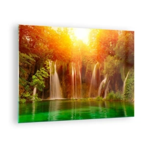 Tablou pe sticlă - Cascade într-o pădure însorită cu apă turcoaz - 70x50cm - La soare și la umbră - Decorațiune modernă pentru perete pentru living și dormitor ARTTOR