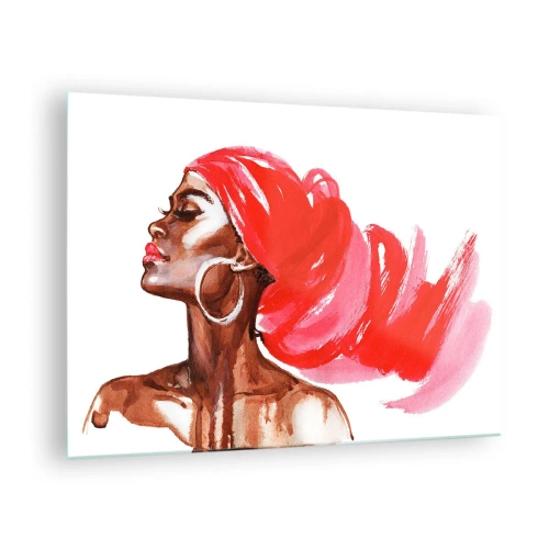 Tablou pe sticlă - Portret în acuarelă al unei femei cu turban roșu - 70x50cm - Există un vânt care suflă în nările unui om - Decorațiune modernă pentru perete pentru living și dormitor ARTTOR