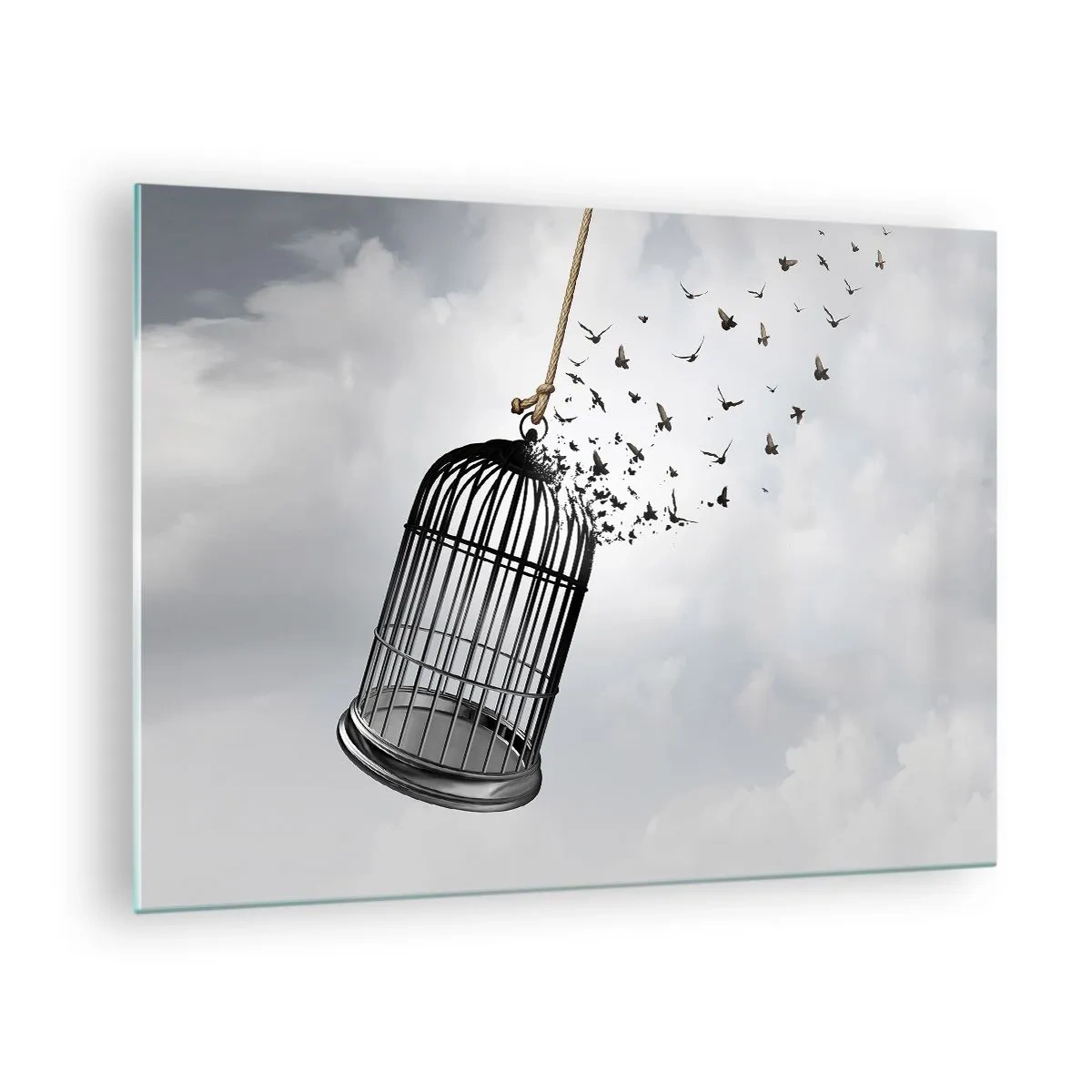 Tablou pe sticlă - Deschiderea coliviei și păsările care zboară din ea pe cer - 70x50cm - Credință...Speranță...Libertate! - Decorațiune modernă pentru perete pentru living și dormitor ARTTOR