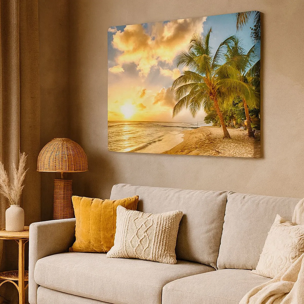 Tablou pe pânză Canvas - Plajă cu palmieri și apus de soare peste ocean - 70x50cm - Vară eternă, întotdeauna o vacanță - Decorațiune modernă pentru perete pentru living și dormitor ARTTOR