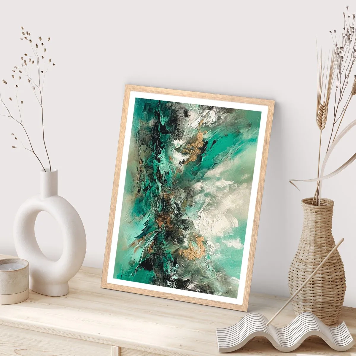Poster în ramă de stejar deschis - Fierbere negru-smarald - 61x91 cm