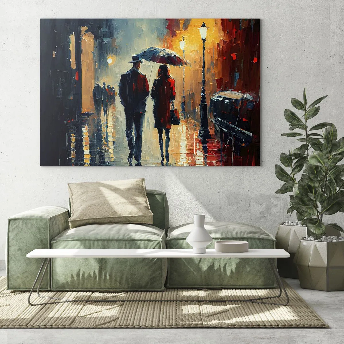 Tablou pe sticlă - Un cuplu cu o umbrelă mergând pe o stradă udă noaptea. - 70x50cm - Poveste de dragoste urbană - Decorațiune modernă pentru perete pentru living și dormitor ARTTOR