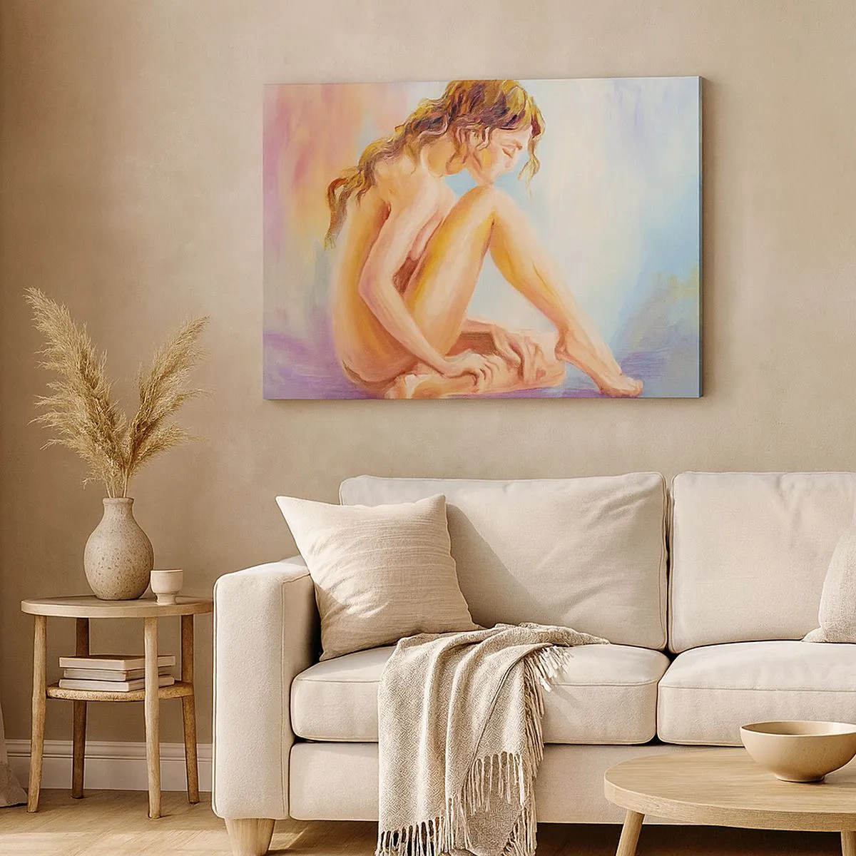 Tablou pe pânză Canvas - O figură delicată a unei femei pe un fundal pastel - 70x50cm - Gest de tinerețe - Decorațiune modernă pentru perete pentru living și dormitor ARTTOR