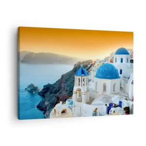 Tablou pe pânză Canvas - Vedere a orașului Santorini cu clădiri albe și mare albastră - 70x50cm - Santorini - îmbrățișat de stânci - Decorațiune modernă pentru perete pentru living și dormitor ARTTOR