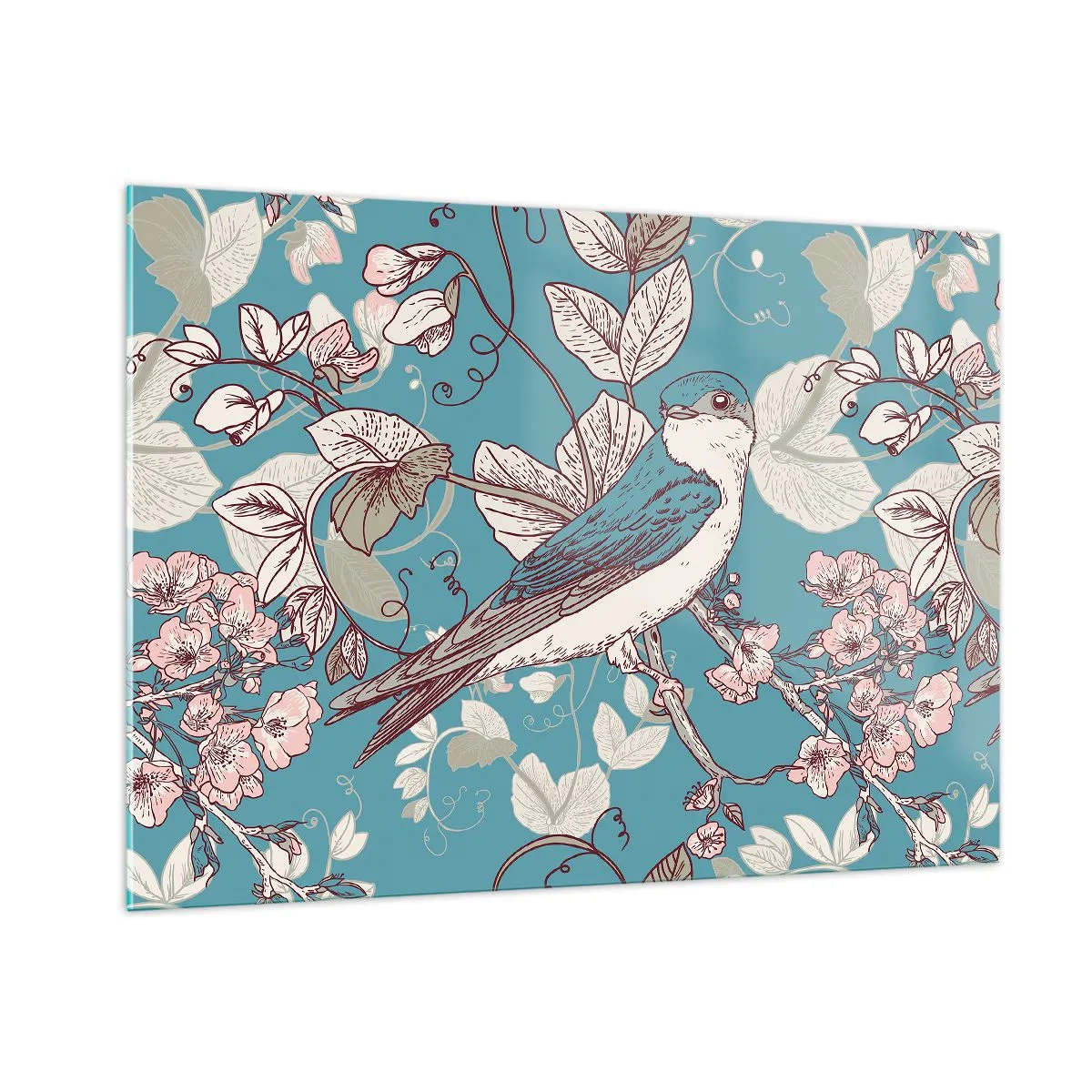 Tablou pe sticlă - Ciripit în florile albe - 100x70 cm