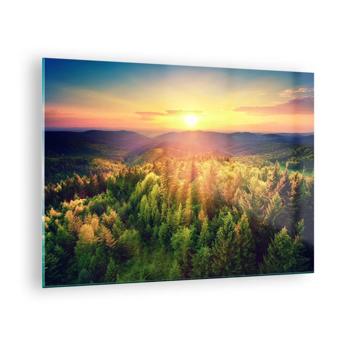 Tablou pe sticlă - Apus de soare peste o pădure de munte cu vedere la văi - 70x50cm - Vârfuri și culmi - Decorațiune modernă pentru perete pentru living și dormitor ARTTOR