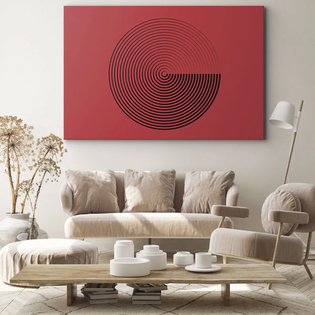 Tablou pe pânză Canvas - Cercuri concentrice pe un fundal roșu - 70x50cm - Mișcare circulară - Decorațiune modernă pentru perete pentru living și dormitor ARTTOR