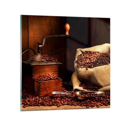 Tablou pe sticlă - Natură moartă cu boabe de cafea și măcinător - 30x30 cm