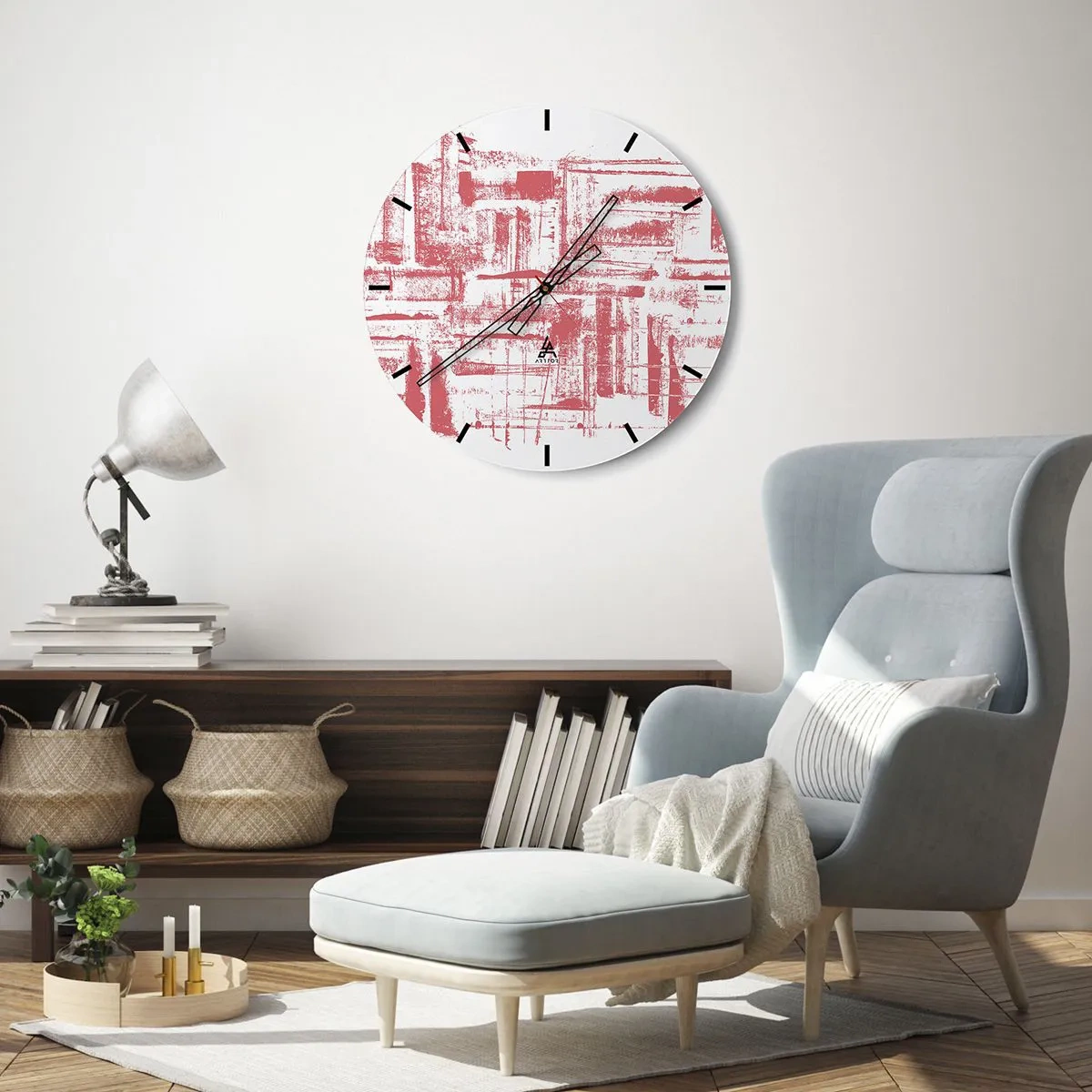 Ceas de perete - Ceas pe sticlă - Simboluri și texturi grafice, abstracte, în nuanțe de bej și negru - 30x30cm - Orașul roșu - Decorațiune modernă pentru perete pentru living, bucătărie și dormitor ARTTOR