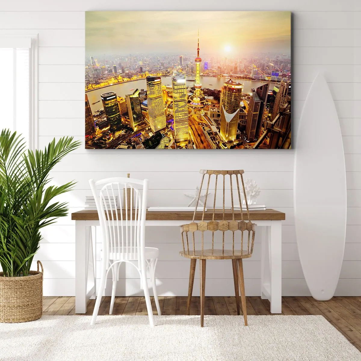 Tablou pe pânză Canvas - Panoramă a orașului cu zgârie-nori la apus - 70x50cm - Visul asiatic - Decorațiune modernă pentru perete pentru living și dormitor ARTTOR