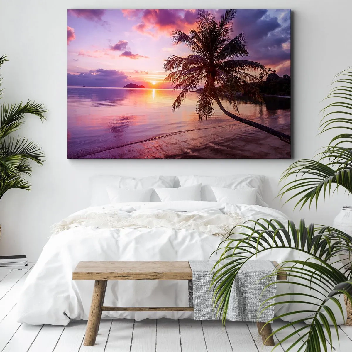 Tablou pe pânză Canvas - Plajă tropicală cu palmier la apus - 70x50cm - Euforie până la orizont - Decorațiune modernă pentru perete pentru living și dormitor ARTTOR