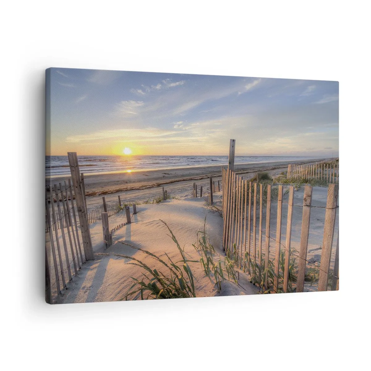 Tablou pe pânză Canvas - Plajă apus de soare cu gard de lemn - 70x50cm - Strălucirea și umbra vântului - Decorațiune modernă pentru perete pentru living și dormitor ARTTOR