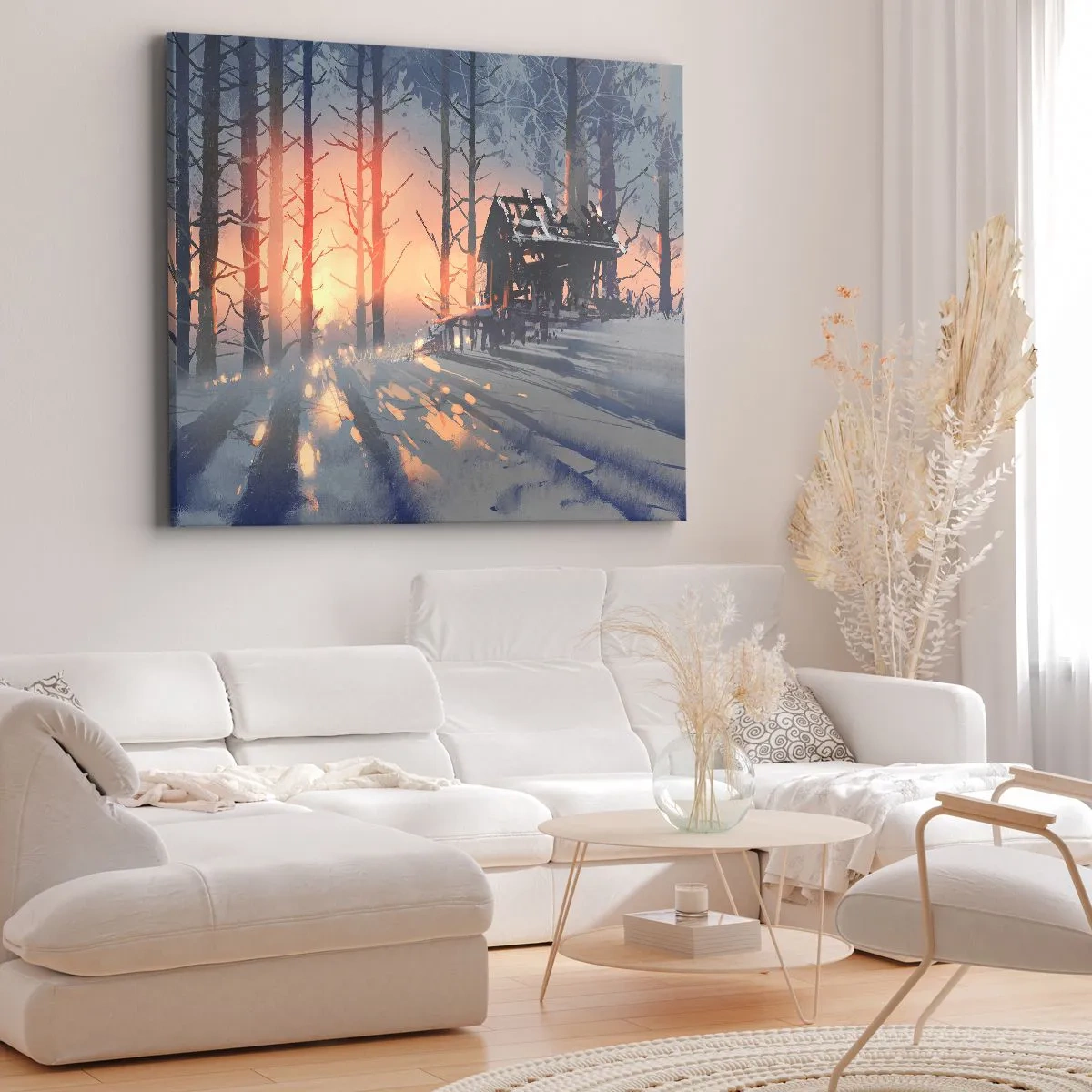Tablou pe pânză Canvas - O căsuță în pădure într-un peisaj de iarnă cu razele soarelui apus - 70x50cm - Doar soarele se strecoară - Decorațiune modernă pentru perete pentru living și dormitor ARTTOR