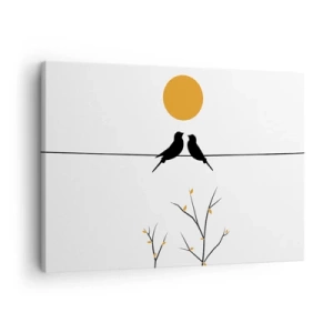 Tablou pe pânză Canvas - Păsări pe o linie cu un soare galben - 70x50cm - Seară cu privighetori - Decorațiune modernă pentru perete pentru living și dormitor ARTTOR