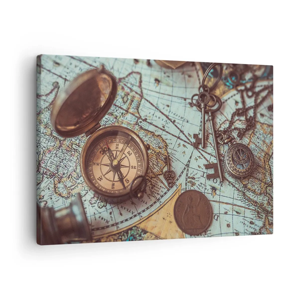 Tablou pe pânză Canvas - Compoziție cu busolă, chei și o hartă veche în stil retro - 70x50cm - Pentru aventurierul din tine - Decorațiune modernă pentru perete pentru living și dormitor ARTTOR