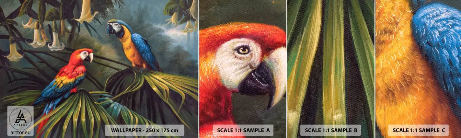 Mostră de Tapet Standard Eco - Romantismul la tropice - Ara papagal, Animale, Padure tropicala - 100x30 cm