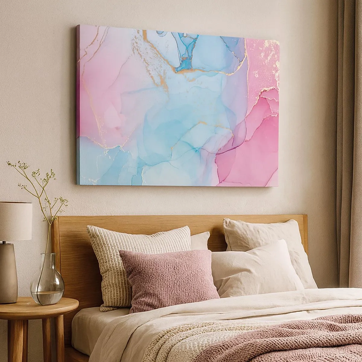 Tablou pe pânză Canvas - Modele pastelate abstracte cu accente aurii - 70x50cm - Întâlnire și întrepătrundere - Decorațiune modernă pentru perete pentru living și dormitor ARTTOR